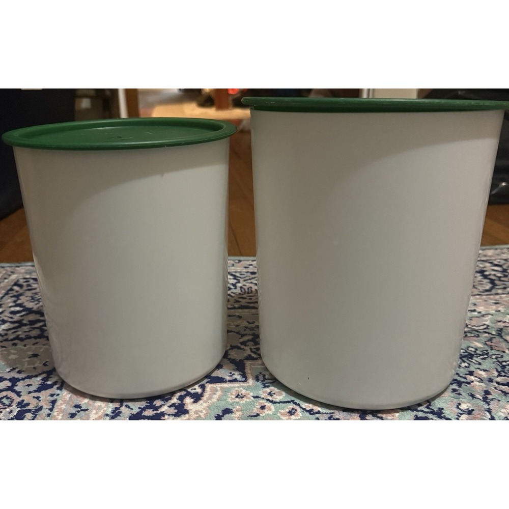 Vintage Tupperware One Touch Canisters #2416B-3 & 2418B-2 White With Green Lids